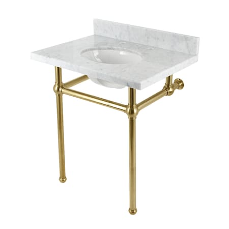 Kingston Brass 30 Console Sink with Brass Legs 8Inch, 3 Hole, Marble WhiteBrushed Brass KVBH3022M87